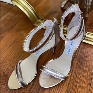 Pre owned JIMMY CHOO Dochas 100 Crystal leather Sandal heels in gold